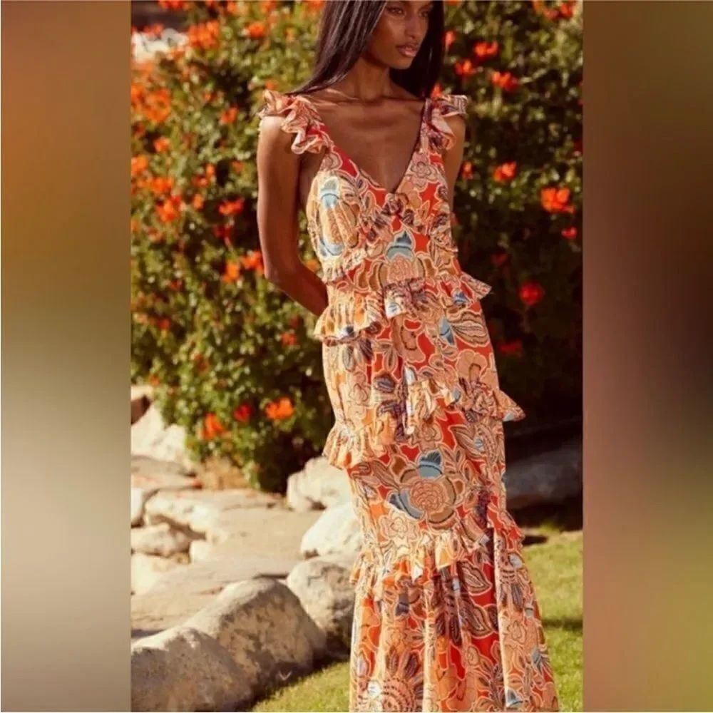 MISA Los Angeles NWT Morrison Tiered Ruffle Cotton Dress tangerine XL $385